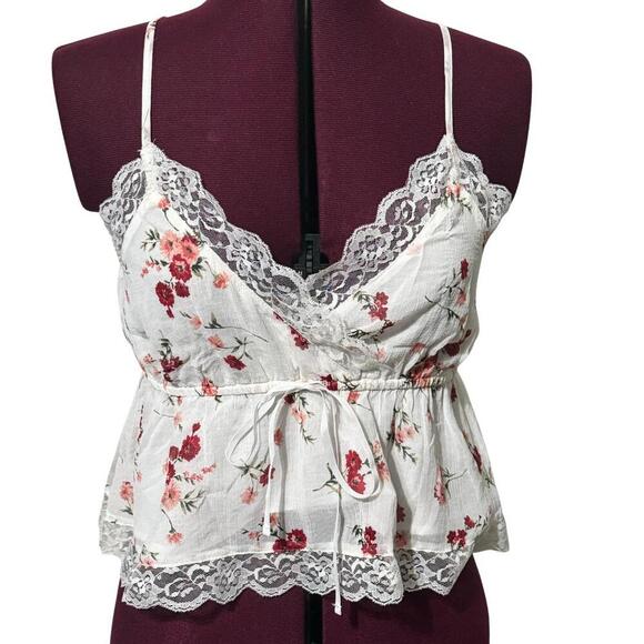 AMERICAN EAGLE Faux Wrap Adjustable Lace Cropped Lined Cami Floral White NWT S - Picture 1 of 9